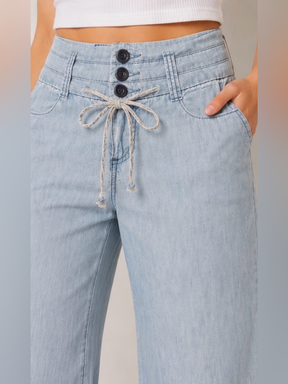 KUT from Kloth Chambray Wide Leg Pants Size 6 Light Wash Drawstring Jeans - Picture 4 of 13